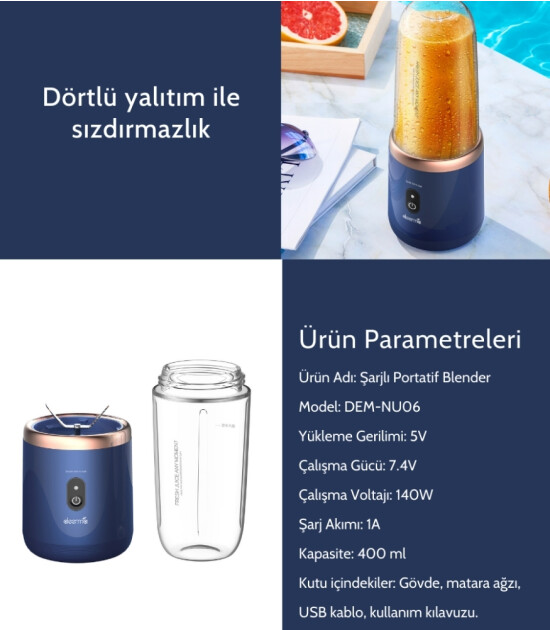 Deerma Portatif Şarjlı Blender