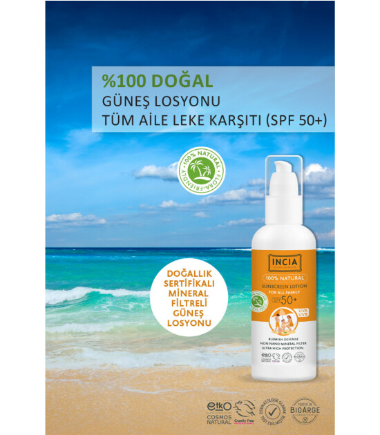 INCIA Tüm Aile İçin %100 Doğal Güneş Losyonu (50 SPF+)