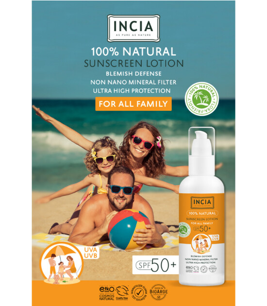 INCIA Tüm Aile İçin %100 Doğal Güneş Losyonu (50 SPF+)