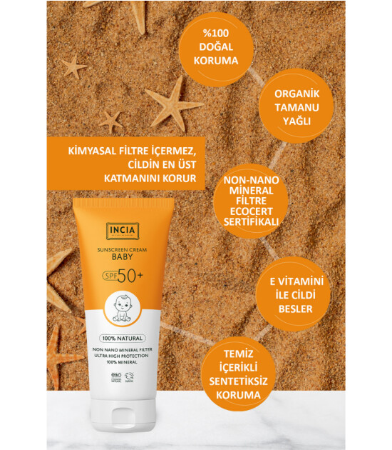 INCIA %100 Doğal Bebek için Güneş Kremi Mineral Filtreli (50 SPF+)