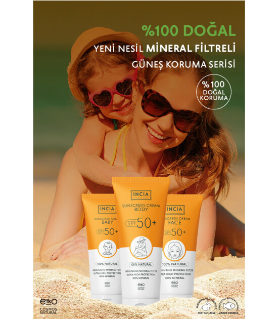 INCIA %100 Doğal Yüz için Güneş Kremi Mineral Filtreli (50 SPF+)