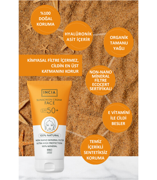 INCIA %100 Doğal Yüz için Güneş Kremi Mineral Filtreli (50 SPF+)