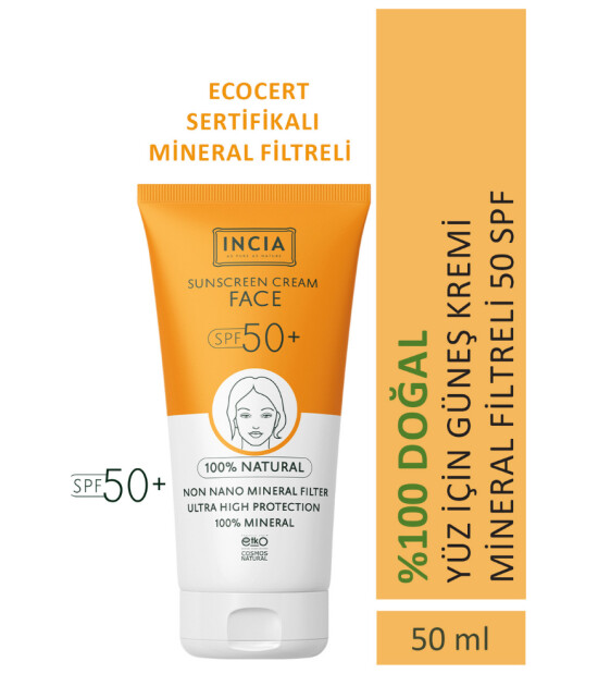 INCIA %100 Doğal Yüz için Güneş Kremi Mineral Filtreli (50 SPF+)