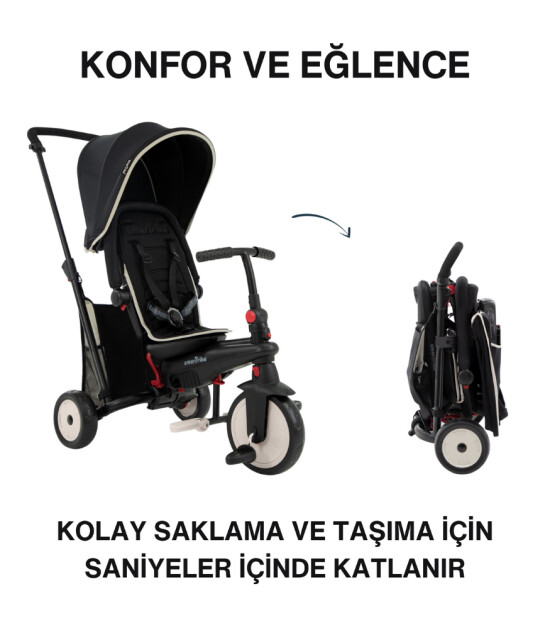 SmarTrike STR3 Plus 5’i 1 Arada Modüler Katlanabilir Bebek Arabası ve Üç Tekerlekli Bebek Bisikleti // Black