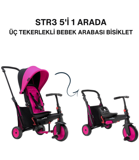 SmarTrike STR3 Plus 5’i 1 Arada Modüler Katlanabilir Bebek Arabası ve Üç Tekerlekli Bebek Bisikleti // Pink