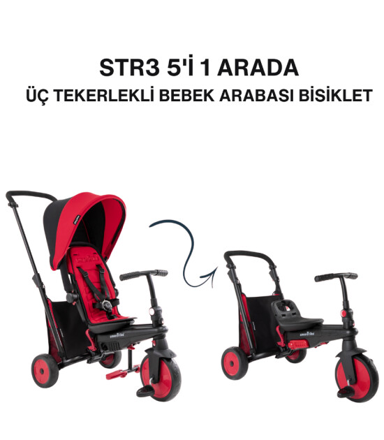 SmarTrike STR3 Plus 5’i 1 Arada Modüler Katlanabilir Bebek Arabası ve Üç Tekerlekli Bebek Bisikleti // Red