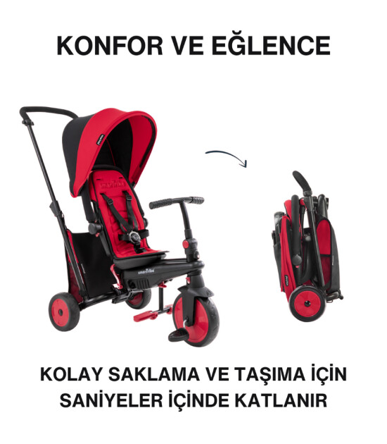 SmarTrike STR3 Plus 5’i 1 Arada Modüler Katlanabilir Bebek Arabası ve Üç Tekerlekli Bebek Bisikleti // Red